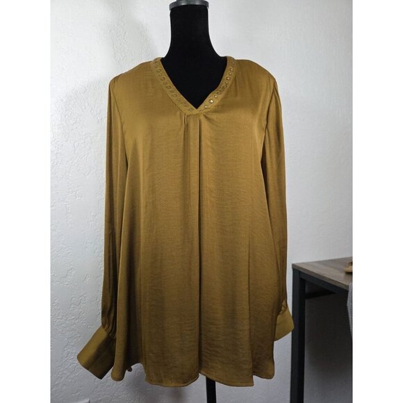 Catherine Malandrino size Large Olive Long Sleeve Blouse Bronze Studded Satin - Picture 1 of 8